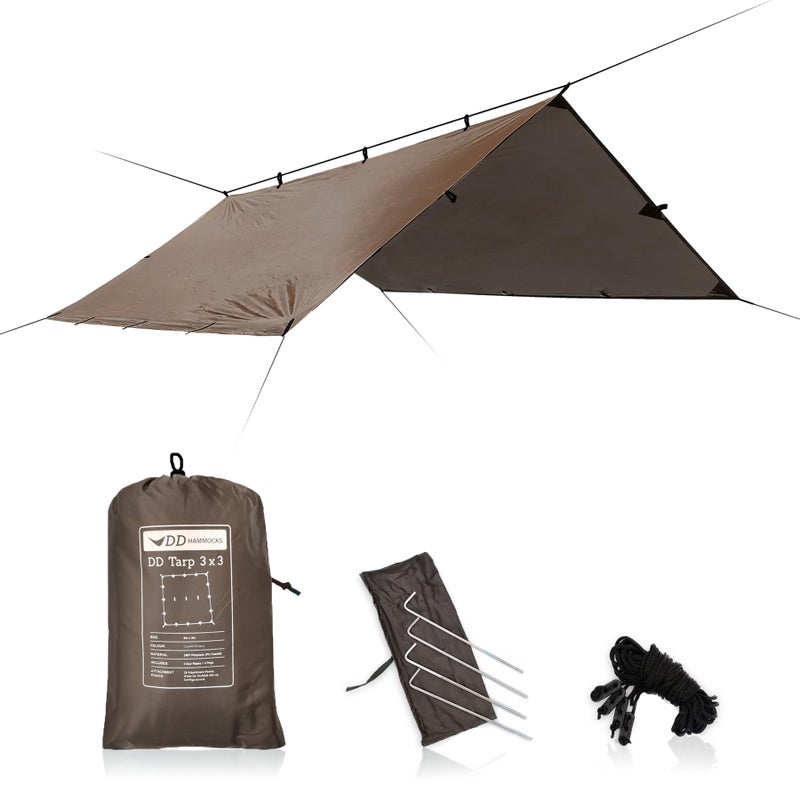 DD Hammocks - DD Tarp 3x3 - Coyote Brown (10ft x 10ft) - 100% Waterproof - Lightweight & Multifunctional Rainfly Tarp Tent Shelter for Camping & Travel Adventure - Image 1